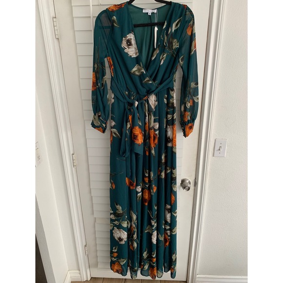 Baltic Born Dresses & Skirts - Baltic Born Lydia Green Floral Maxi Dress Long Sleeve Wrap V-Neck Size M New
